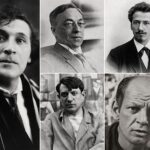 photo collage of Chagall, Picasso, Kandinsky, Pollock, Mondrian. Modern artists and watercolor