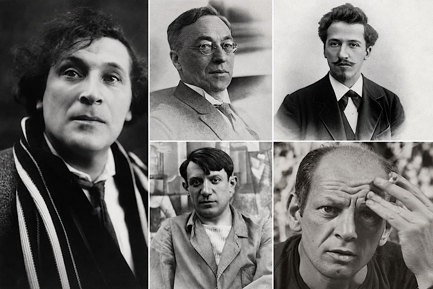photo collage of Chagall, Picasso, Kandinsky, Pollock, Mondrian. Modern artists and watercolor