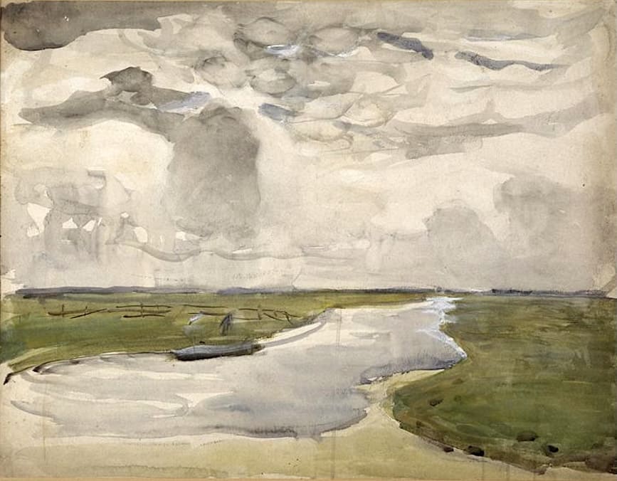 Meandering Landscape with River, Mondrian, watercolor, 1907, Watercolor and Modern Art: 5 Famous Artists