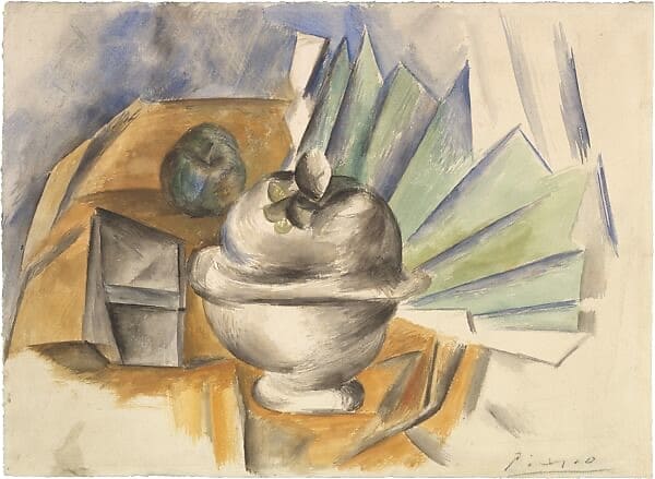 Sugar bowl and fan, Picasso, watercolor, 1909, Watercolor and Modern Art, 5 Famous Artists